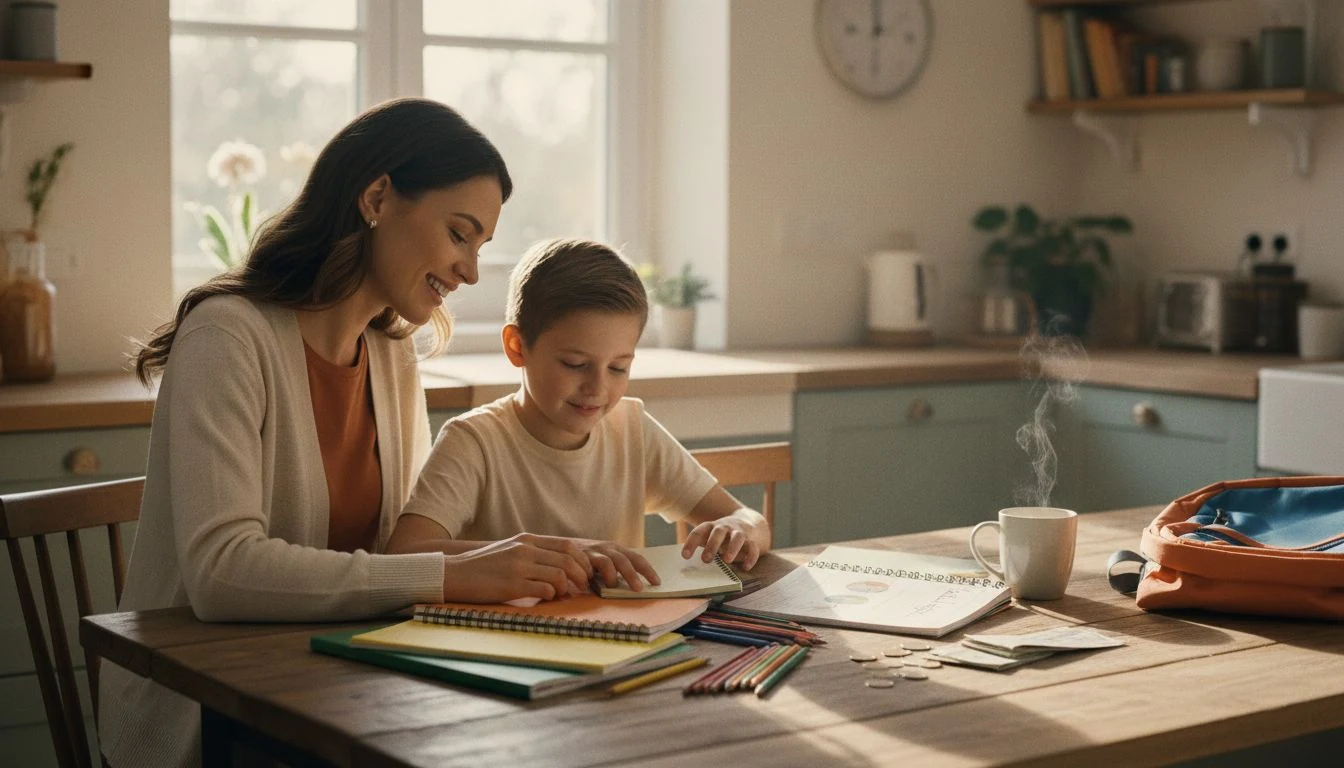 back to school budget: a mom and child happily organizing school supplies and a planner at the kitchen table — The Cozy Budget
