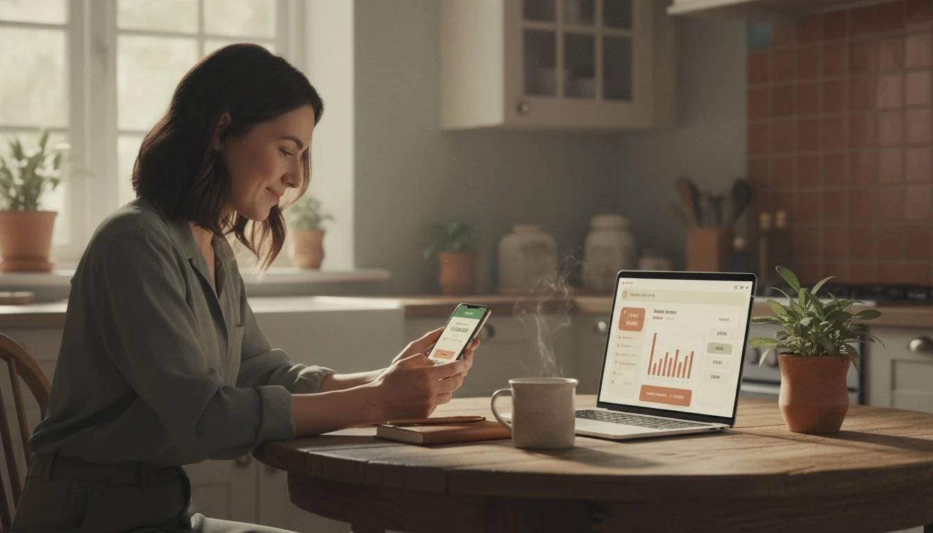 best high yield savings account: a woman checking her savings balance and rate on her phone at a cozy kitchen table — The Cozy Budget