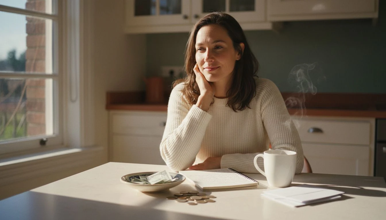 broke planning: a woman at a kitchen table planning her money calmly with cash and a notebook — The Cozy Budget