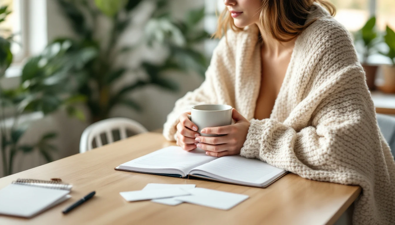A woman budgeting cozily at home with coffee and cash envelopes