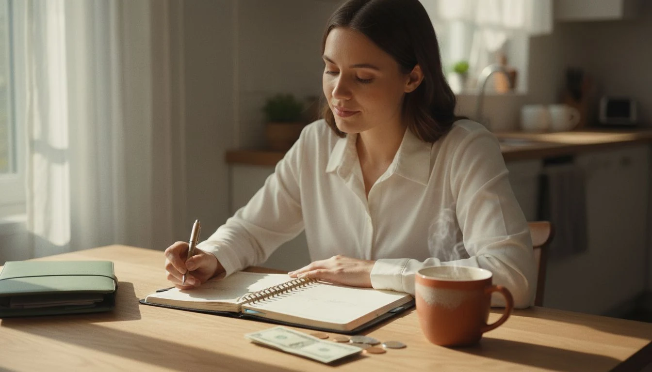high yield money market account: cozy desk with savings planner, coffee and cash envelopes — The Cozy Budget