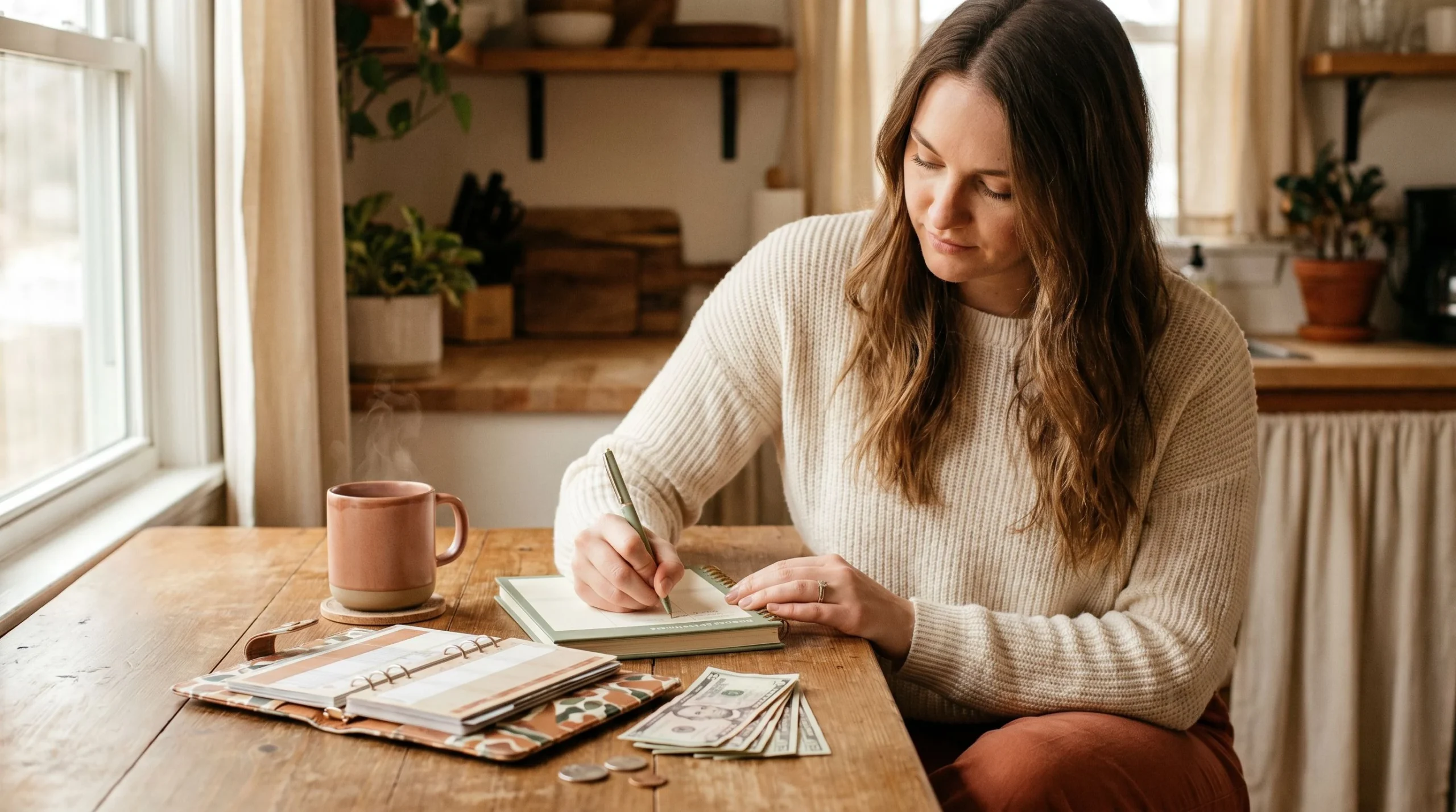 how to budget for beginners: a woman writing in a budget planner with cash envelopes and coffee — The Cozy Budget