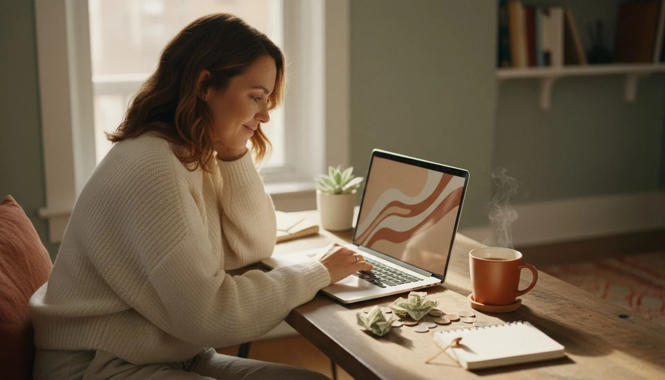 is a high yield savings account worth it: a woman smiling with relief at a laptop showing savings growth, cozy desk with coffee, The Cozy Budget