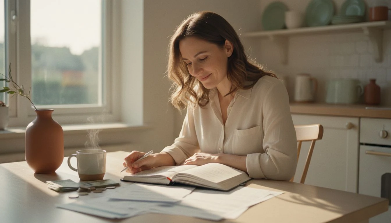 mid-year money check-in: a woman reviewing her budget with statements and coffee at a cozy table — The Cozy Budget