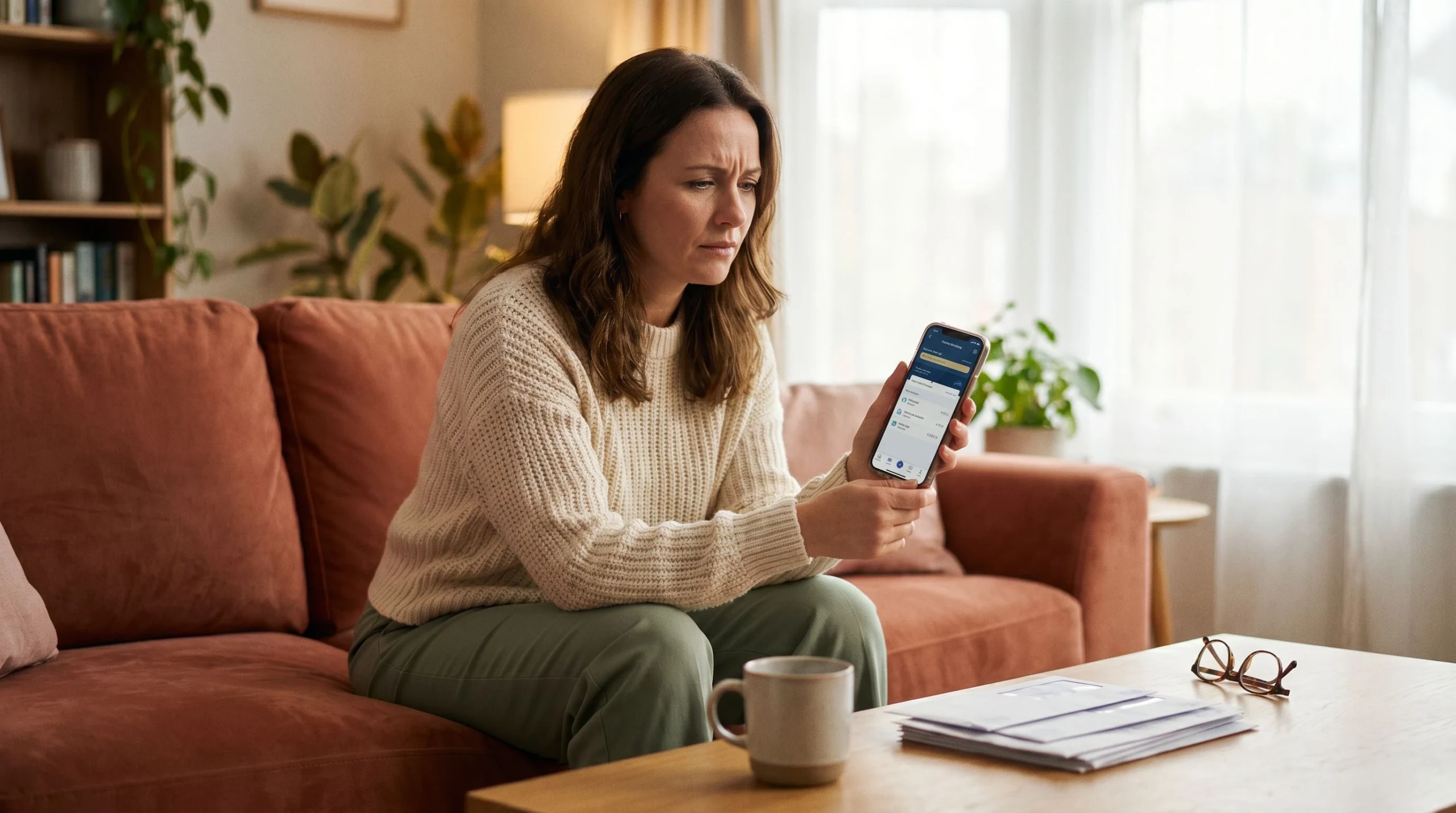 money dysmorphia: anxious woman checking bank balance on phone
