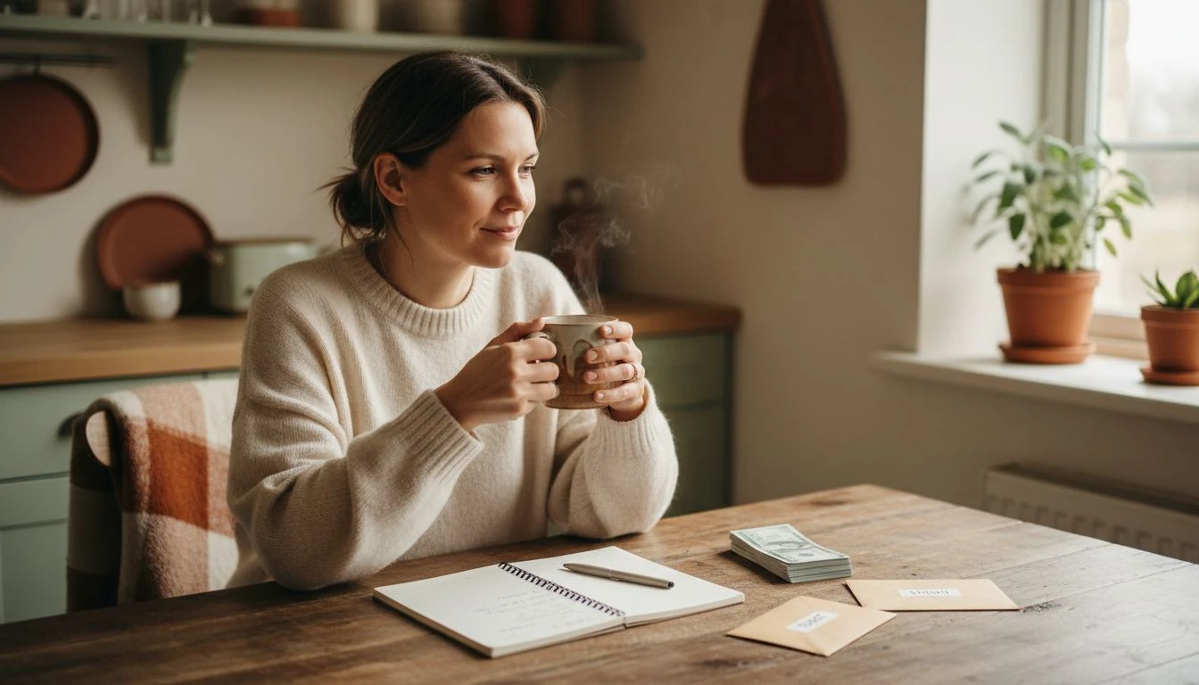 money saving tips: cash, a budget planner and coffee on a cozy kitchen table — The Cozy Budget
