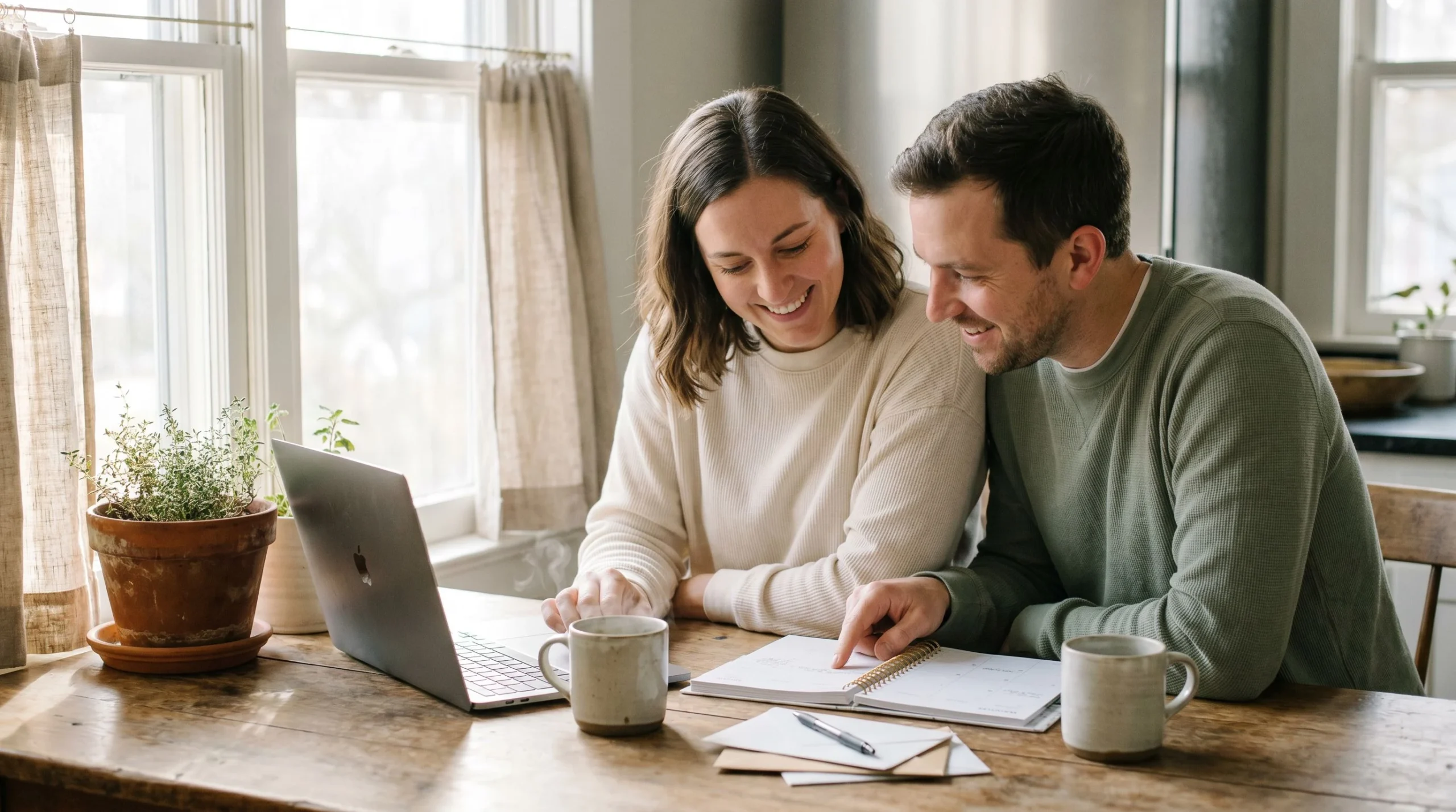 how to budget as a couple: a couple reviewing a budget planner together over coffee at a cozy kitchen table — The Cozy Budget