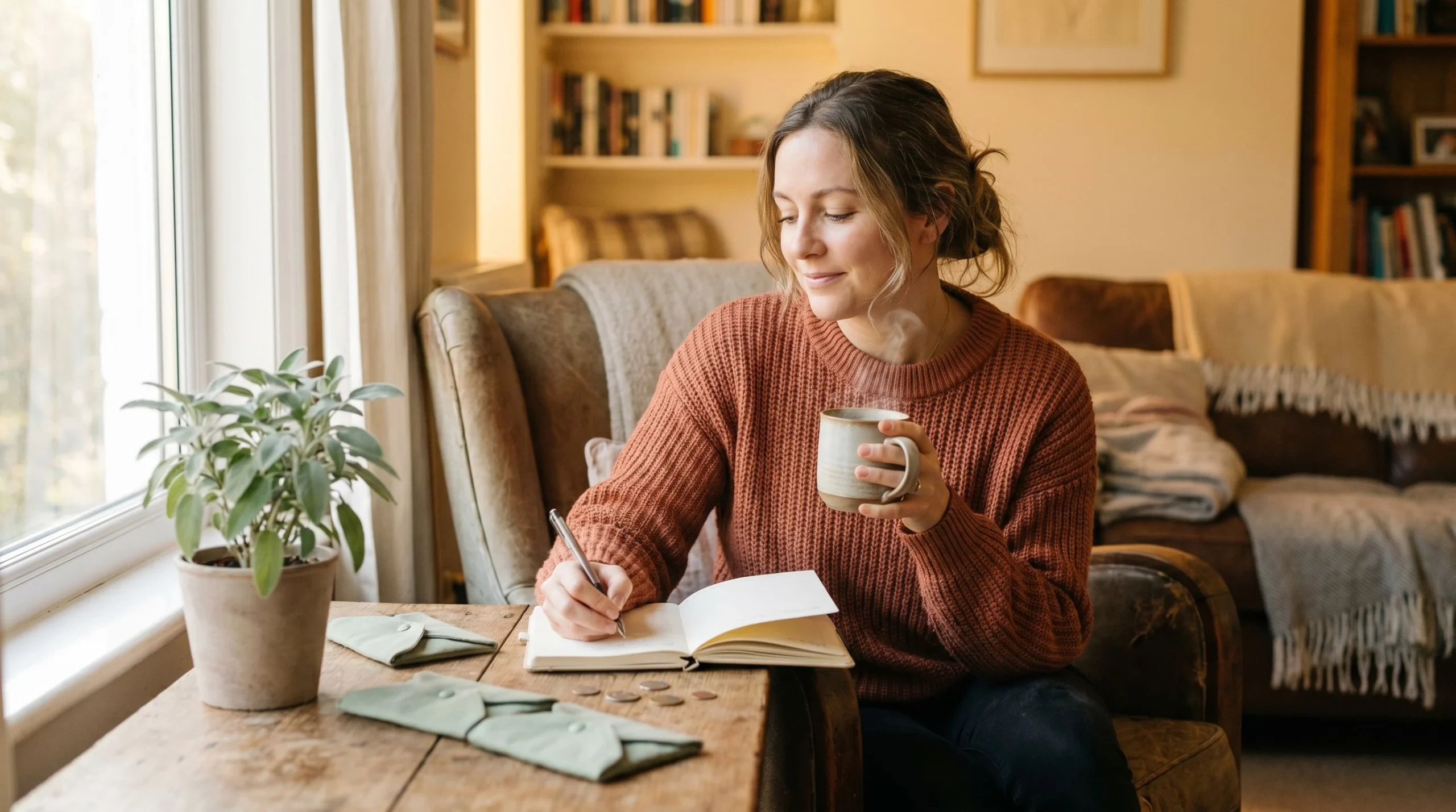 how to stop money anxiety: a calm woman journaling her budget with tea by a sunny window — The Cozy Budget