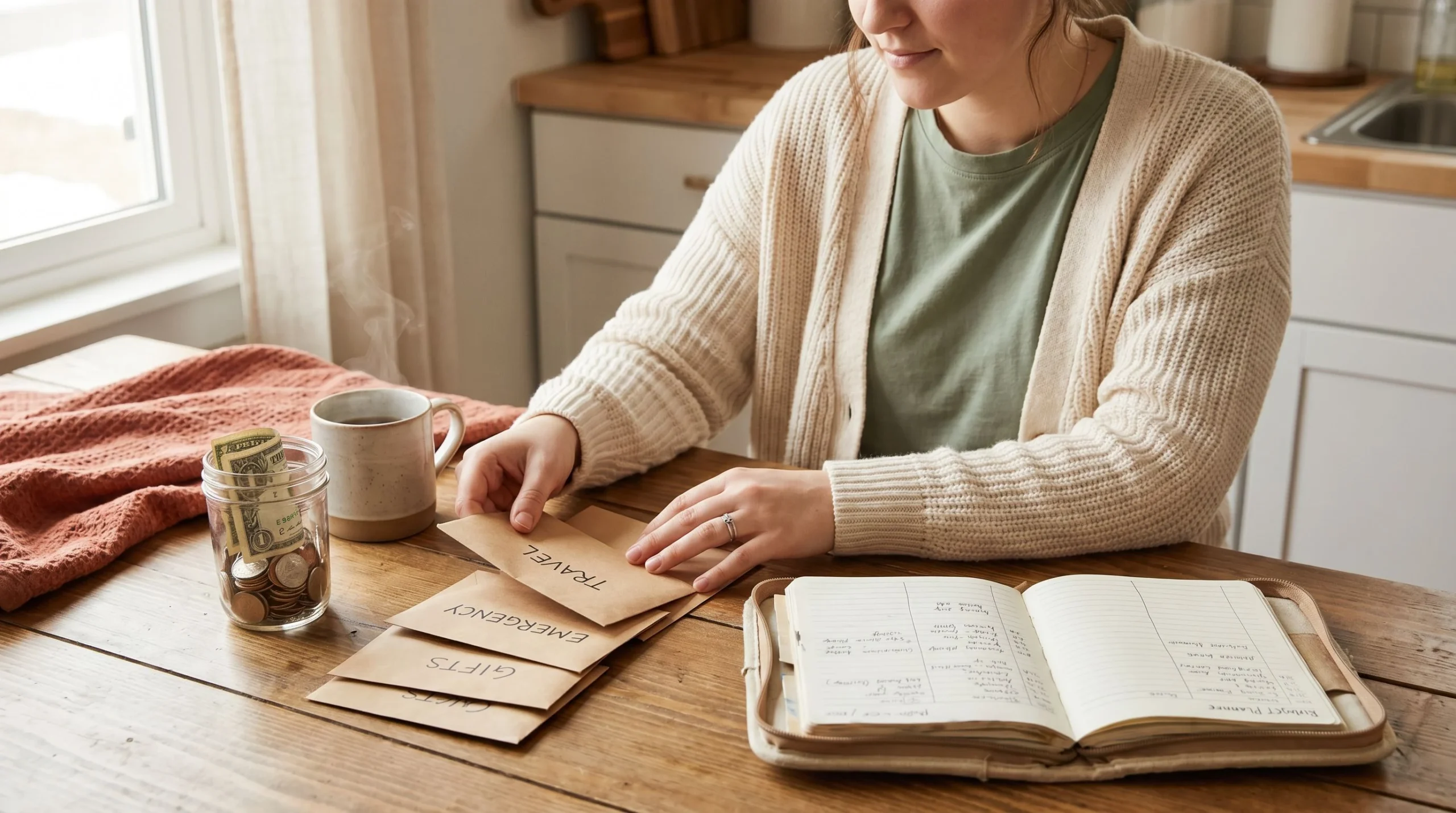 sinking fund categories: labeled savings envelopes and a budget planner on a cozy kitchen table — The Cozy Budget