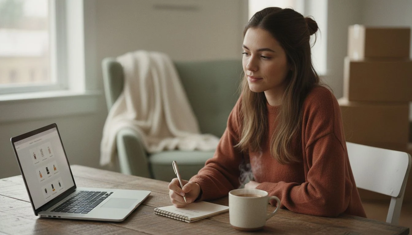 Prime Day on a budget: a calm woman pausing before buying from an online cart at her cozy kitchen table — The Cozy Budget