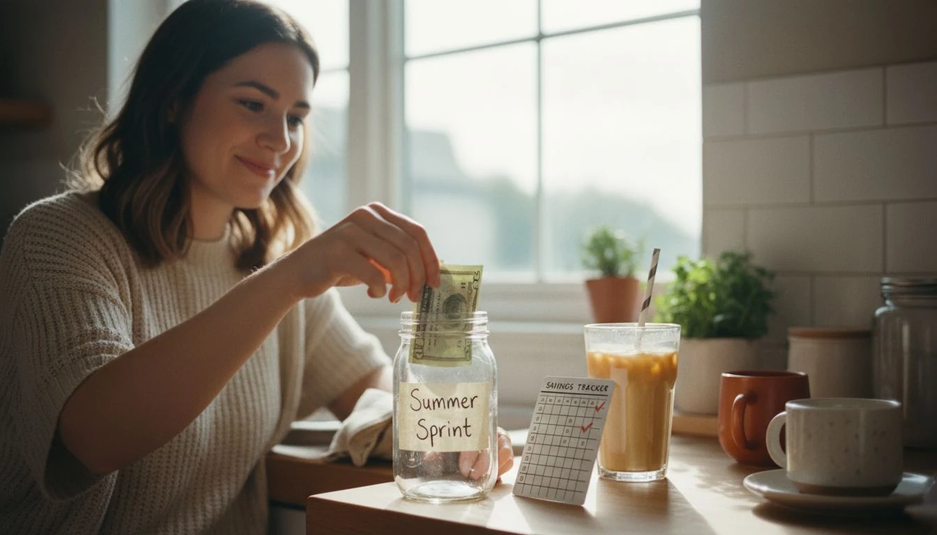 Summer savings challenge: a woman happily adding cash to a labeled savings jar on a sunny kitchen counter — The Cozy Budget