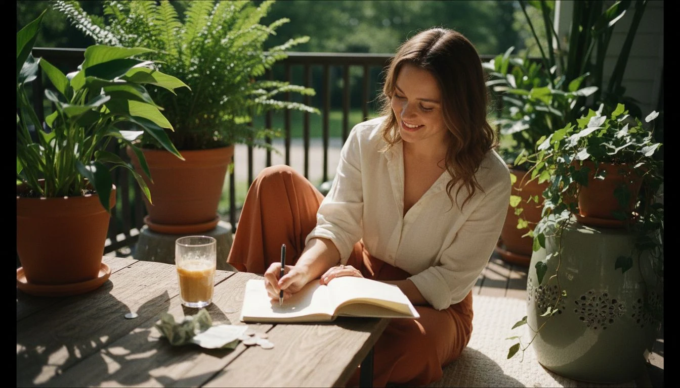 summer spending plan: a woman happily planning her summer budget with a notebook and iced coffee on a sunny patio — The Cozy Budget