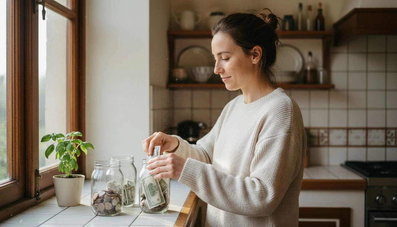 50 30 20 rule: a woman adding folded bills to the third of three savings jars on her kitchen windowsill - The Cozy Budget