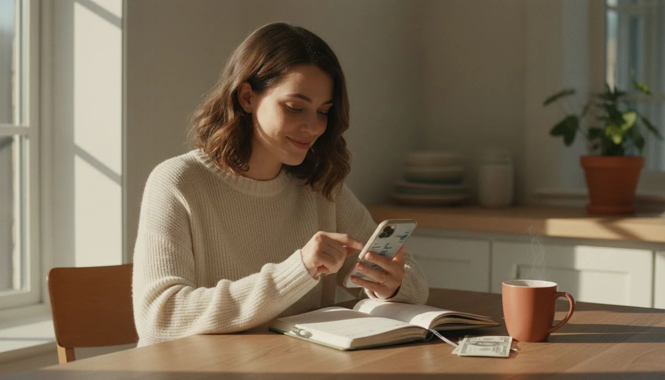 best personal finance apps: a woman checking her net worth on her phone at a cozy kitchen table — The Cozy Budget