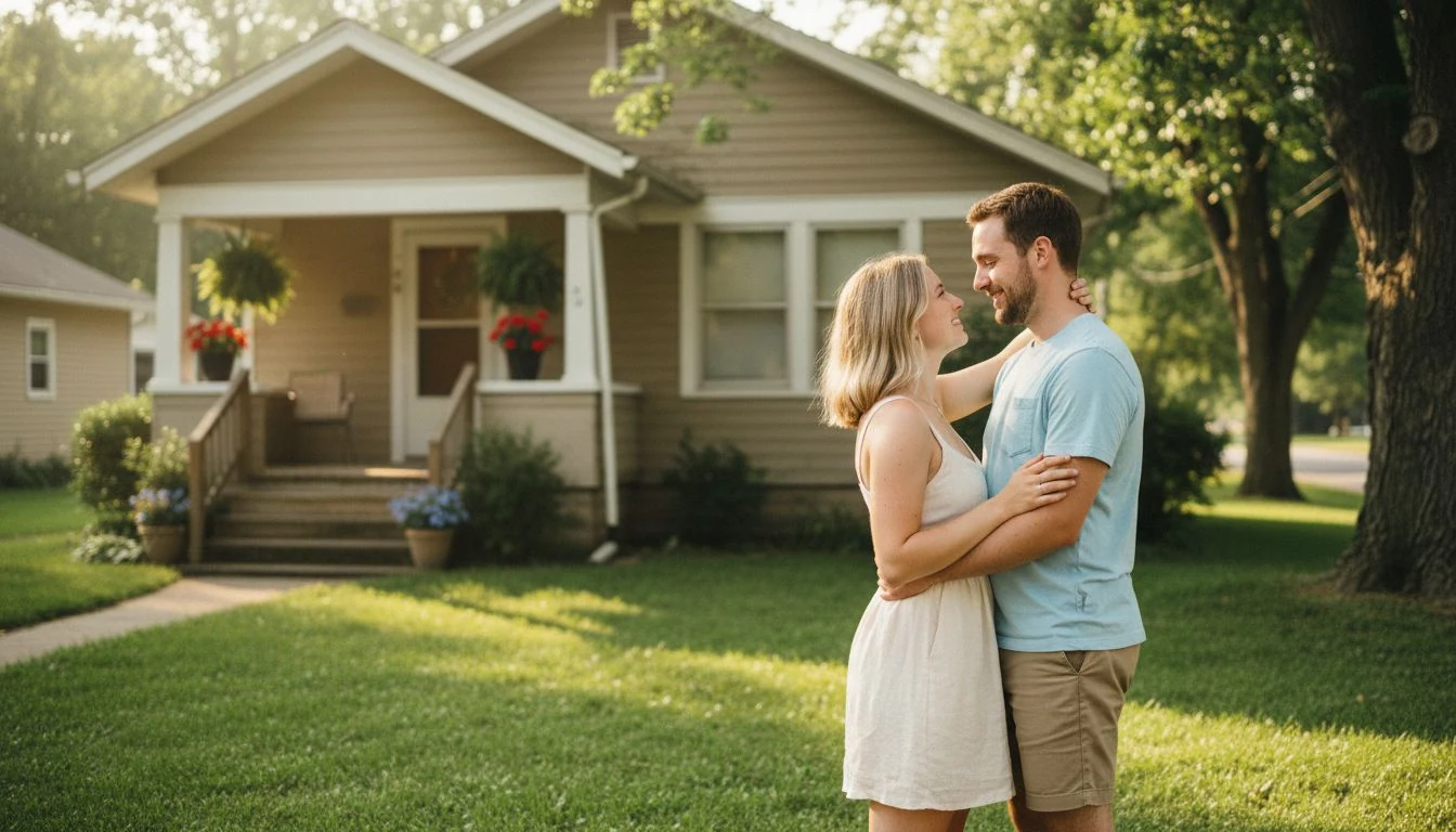best way to save for a house: a couple smiling in front of a modest starter home on a summer afternoon