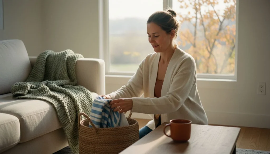 end of summer money reset: a woman in a cozy cardigan packing summer bins and pulling out fall blankets by a bright window - The Cozy Budget