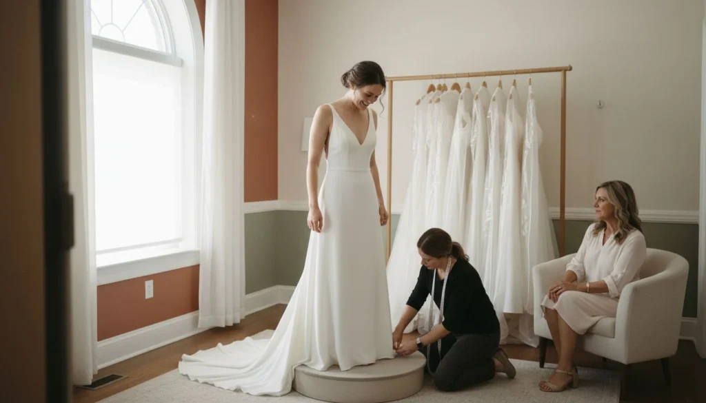 high yield savings account for wedding: a bride at her dress fitting in a small bridal boutique while her mother watches - The Cozy Budget
