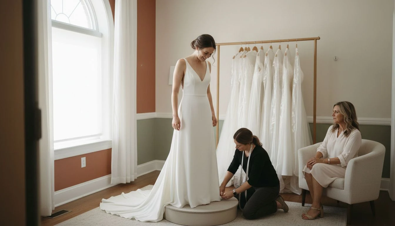 high yield savings account for wedding: a bride at her dress fitting in a small bridal boutique while her mother watches - The Cozy Budget