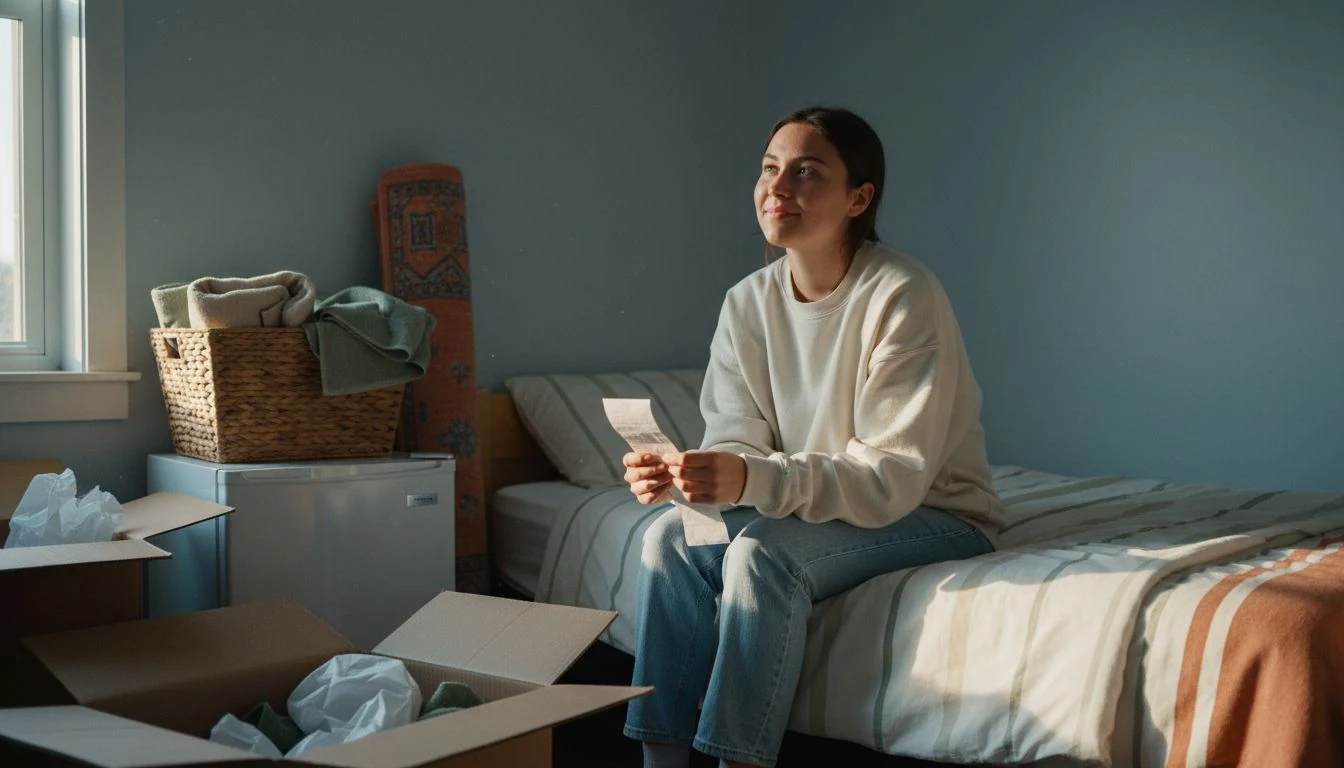 how to budget as a college student: a student unpacking moving boxes in her dorm room on move-in day - The Cozy Budget