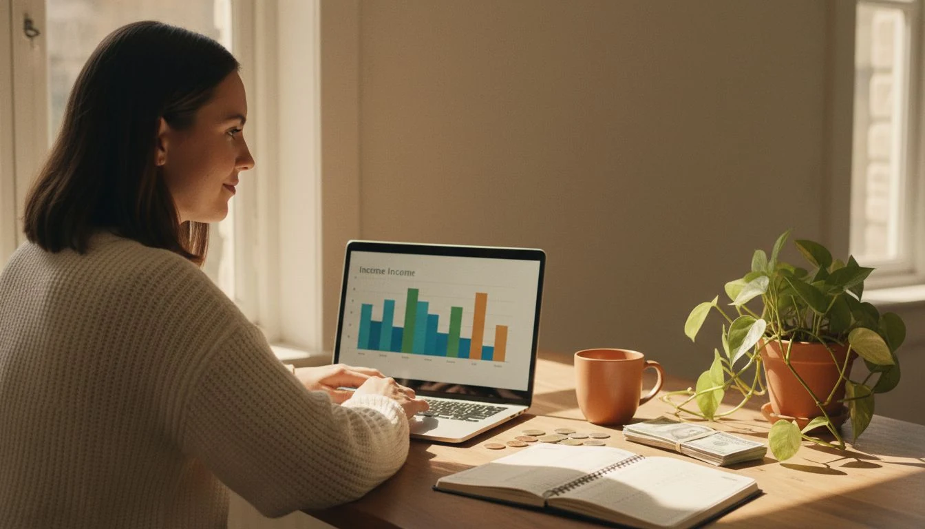 How to budget on an irregular income: a freelancer's planner, cash and coffee on a sunlit desk — The Cozy Budget