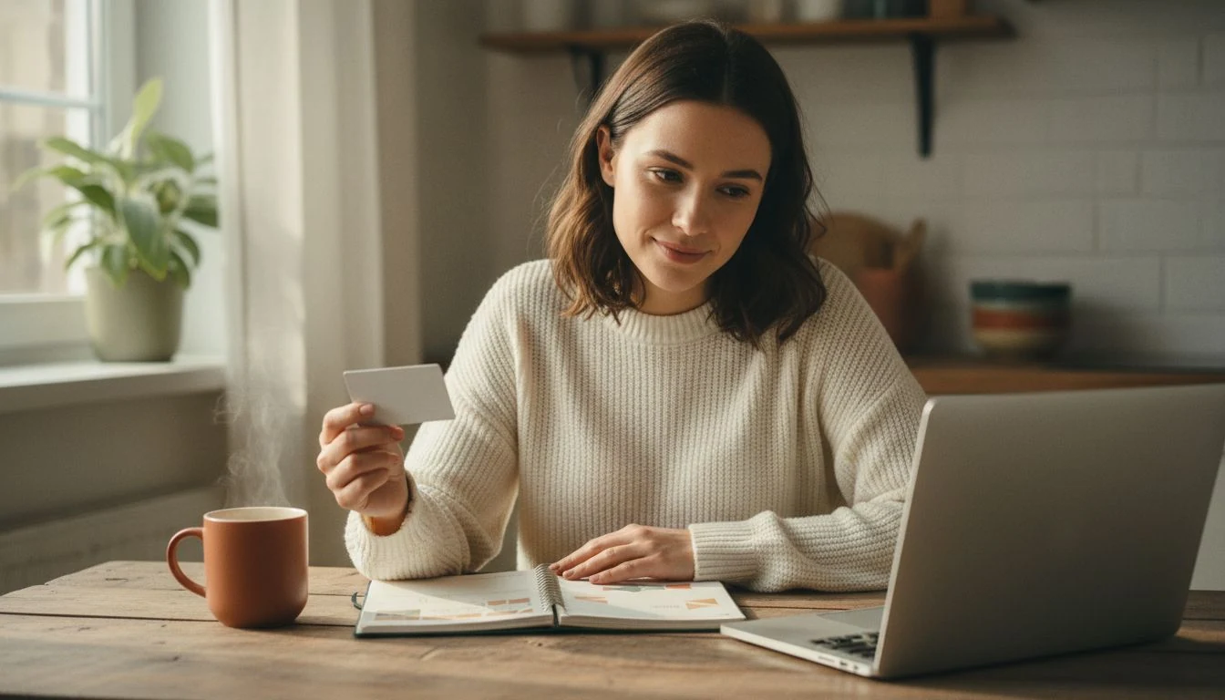 how to build credit: a young woman reviewing a secured credit card and a planner at a cozy kitchen table, The Cozy Budget