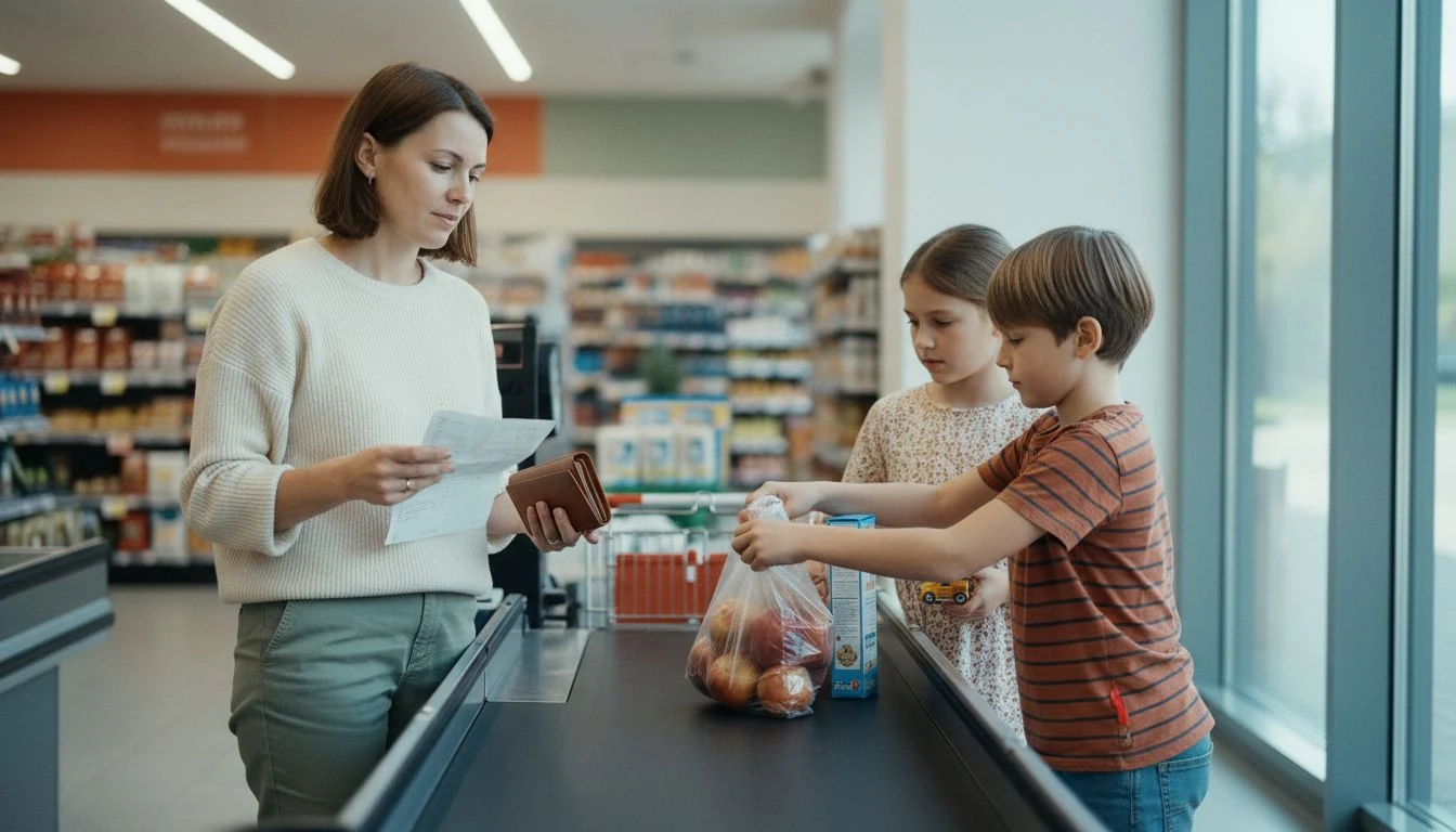 how to make a family budget: a mother and her two kids unloading groceries onto the supermarket checkout belt - The Cozy Budget