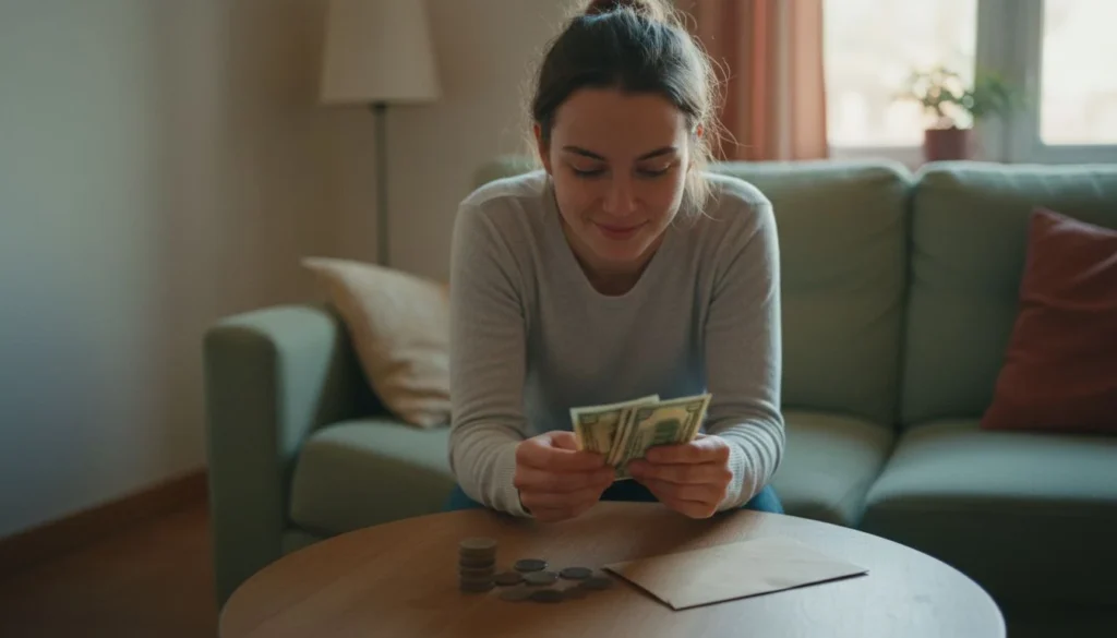How to save money on a low income: a woman tucking a few dollars into a savings envelope in a small apartment - The Cozy Budget