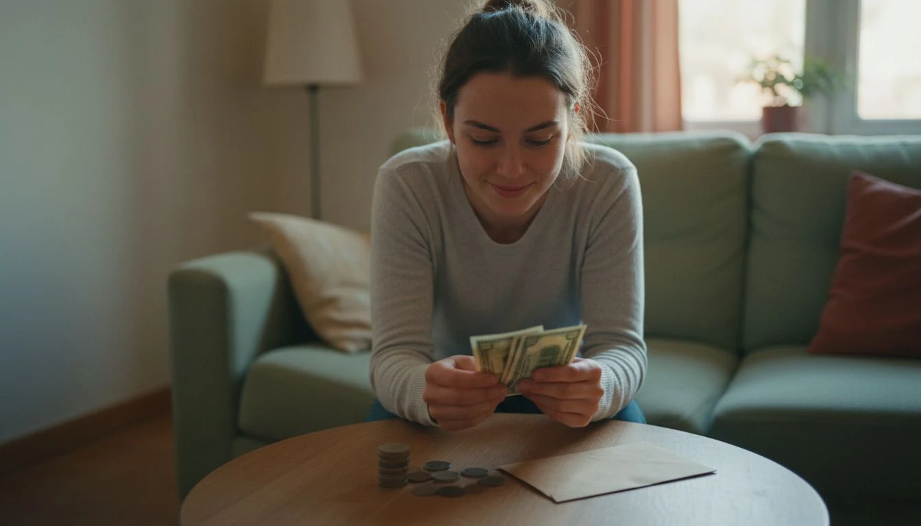 How to save money on a low income: a woman tucking a few dollars into a savings envelope in a small apartment - The Cozy Budget
