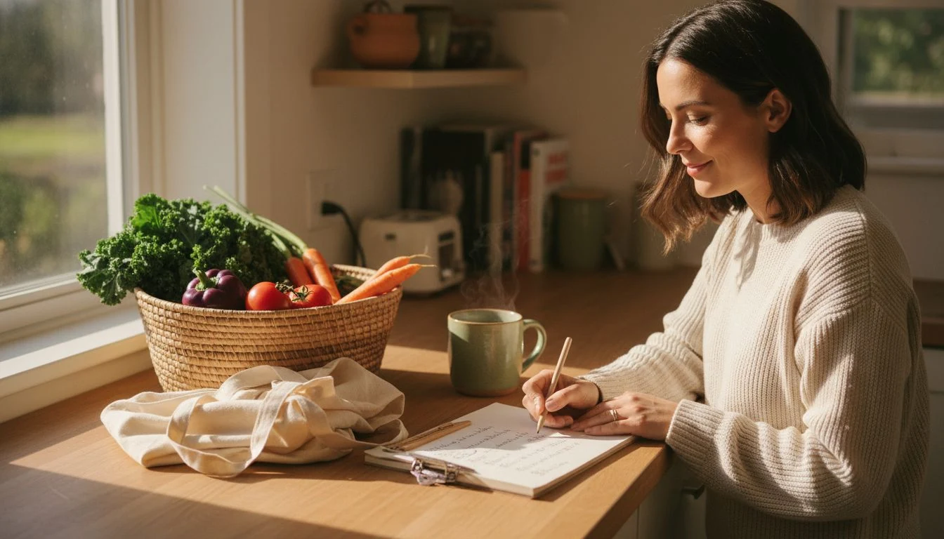 how to save money on groceries: a warm kitchen with a meal-plan list and grocery basket — The Cozy Budget