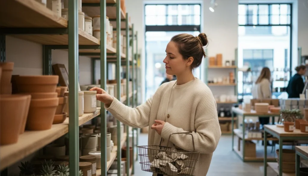 how to stop impulse spending: a woman setting an item back on a store shelf — The Cozy Budget