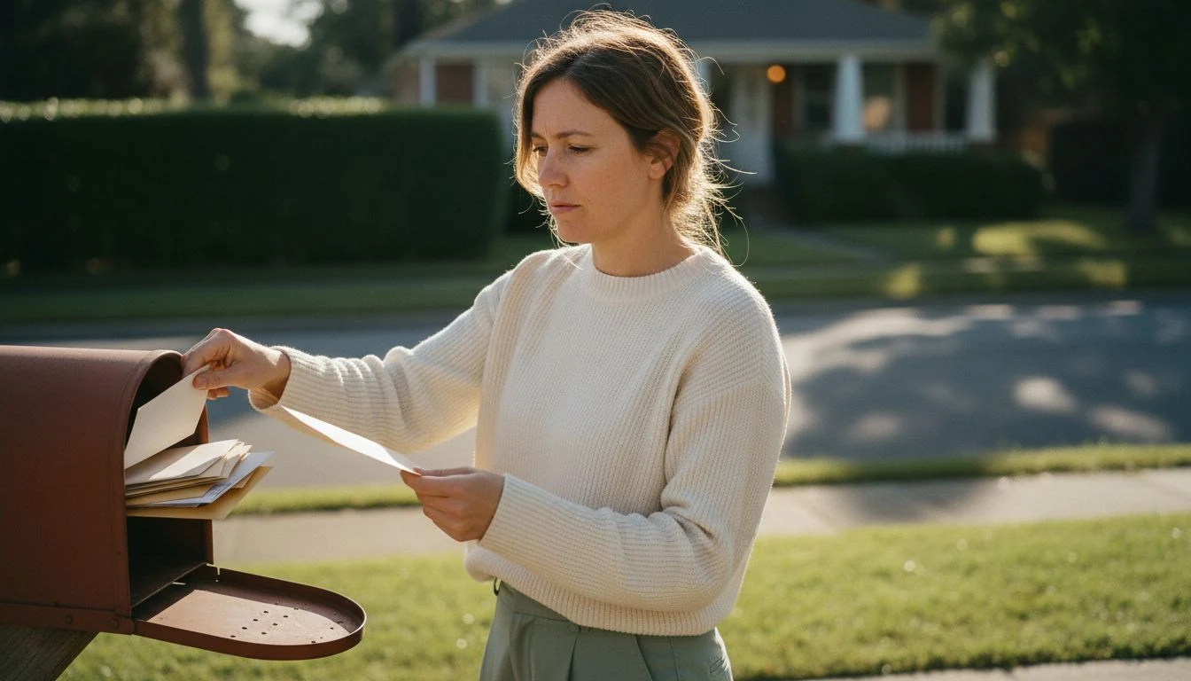 using 401k to pay off credit card debt: a woman opening a credit card statement at her mailbox in the evening - The Cozy Budget