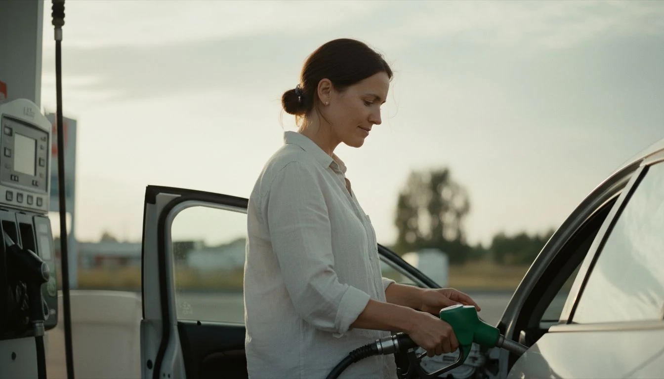 ways to save money on gas: a woman refueling her car at a gas station pump on a summer afternoon - The Cozy Budget