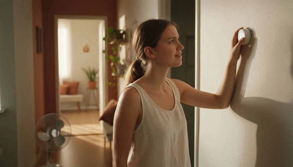 ways to save on your electric bill: a woman turning down the hallway thermostat in her sunlit apartment - The Cozy Budget