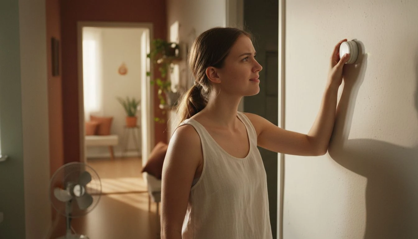 ways to save on your electric bill: a woman turning down the hallway thermostat in her sunlit apartment - The Cozy Budget