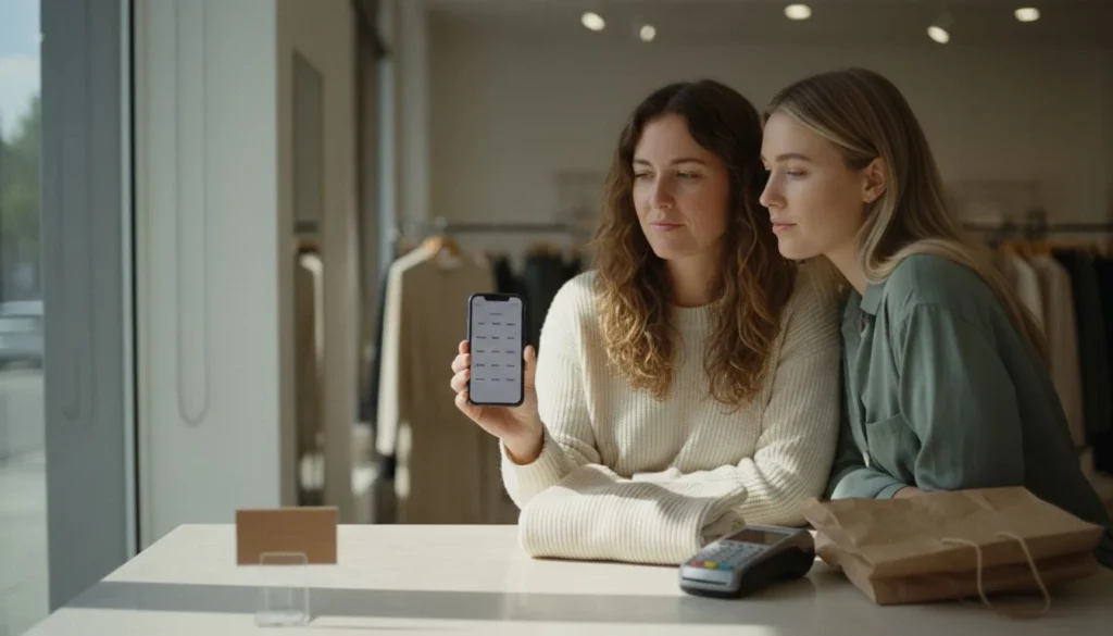 buy now pay later: two friends at a store checkout looking at a phone screen showing a four-payment schedule - The Cozy Budget