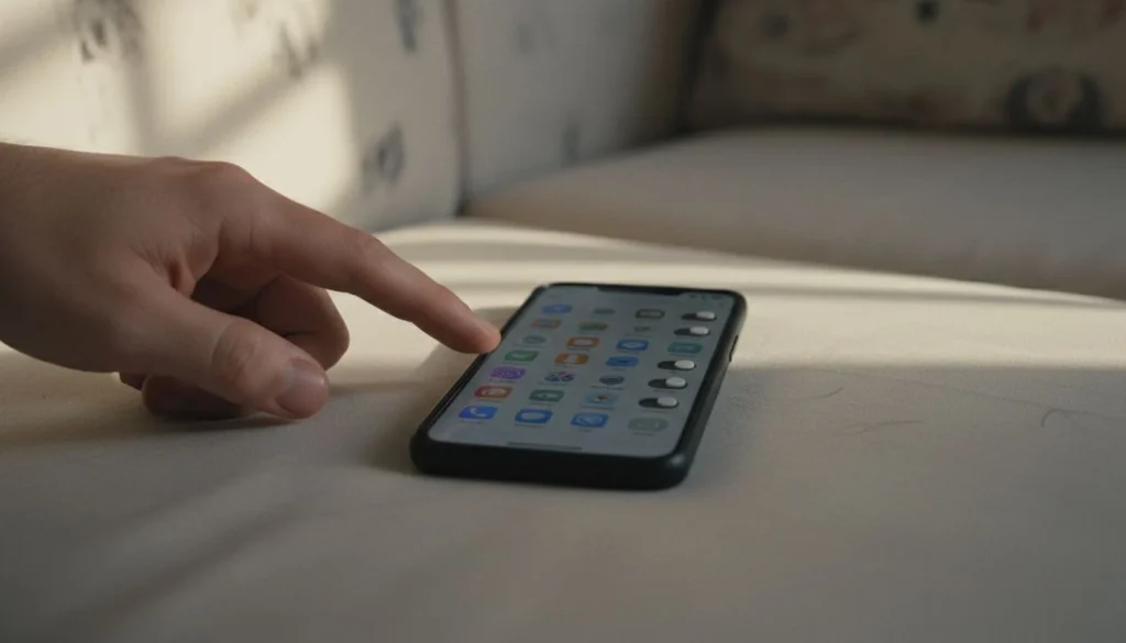 cancel subscriptions: a hand reaching for a phone on a couch showing app icons with toggle switches beside them - The Cozy Budget