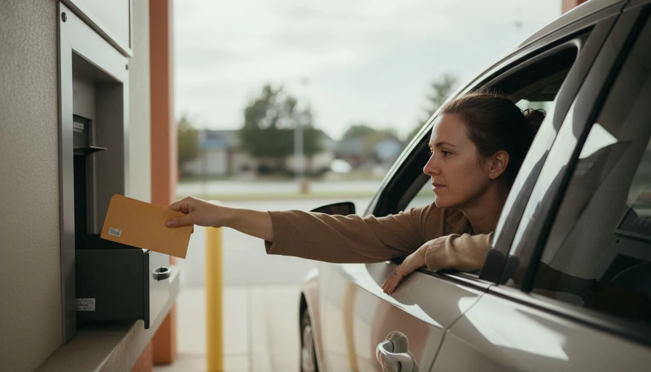 fdic insured high yield savings account: a woman handing a deposit envelope into a bank drive-through drawer - The Cozy Budget
