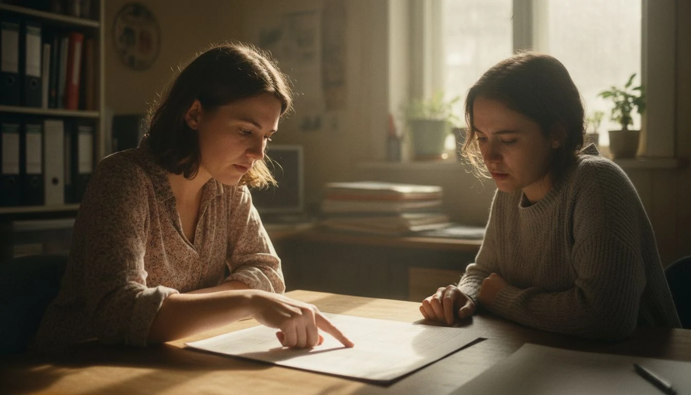 financial advisor for budgeting: two women reviewing a printed budget across a desk in a small nonprofit office - The Cozy Budget