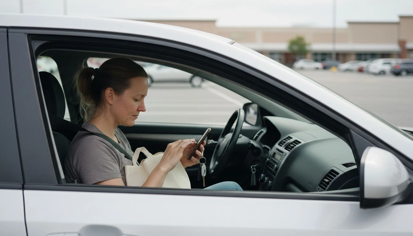 goodbudget: a woman checking her envelope budget app on her phone in her car before grocery shopping - The Cozy Budget