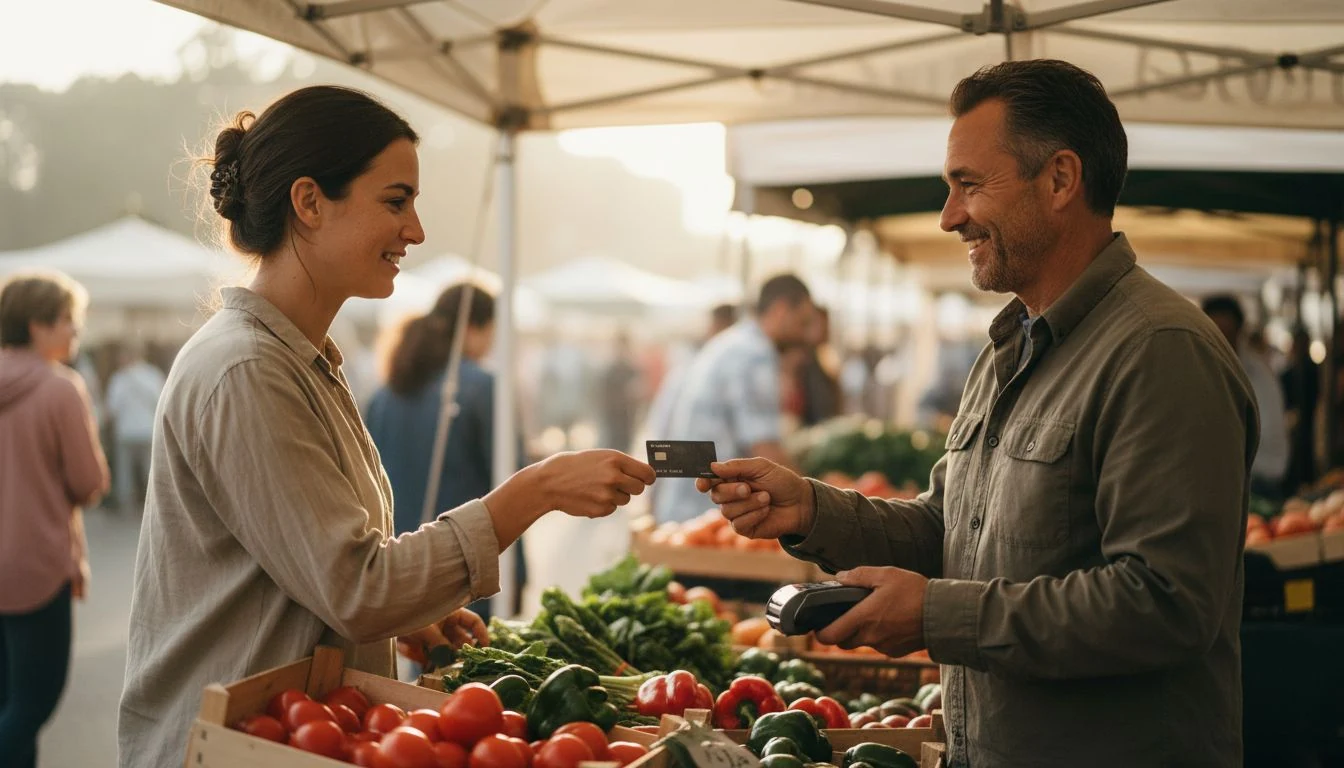high yield checking account: a woman paying with a debit card at an outdoor farmers market produce stall - The Cozy Budget