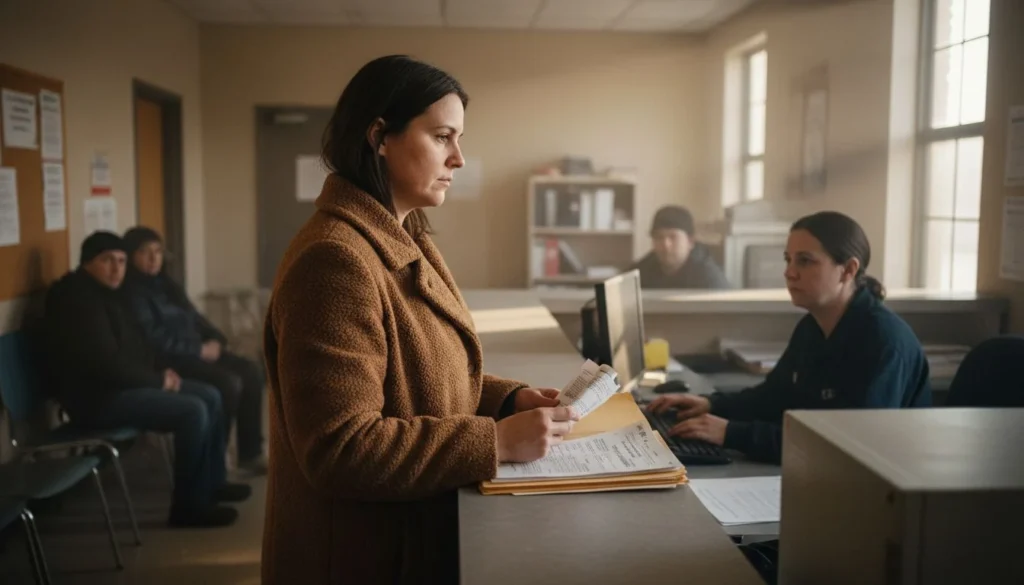 home energy assistance program: a woman at the intake counter of a community assistance office with her utility bills - The Cozy Budget