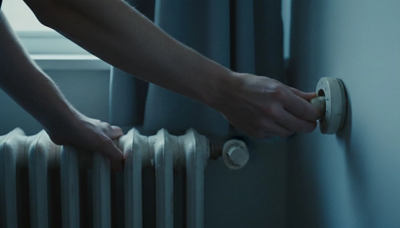 how to lower gas bill: hands turning down a radiator thermostat dial in a chilly living room - The Cozy Budget