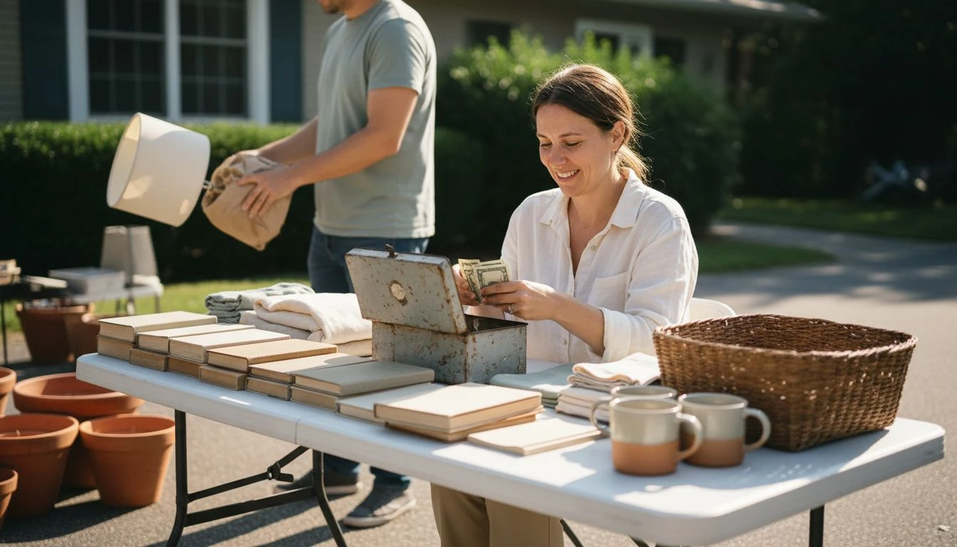 how to make extra money: counting cash into an open box at a weekend driveway yard sale - The Cozy Budget