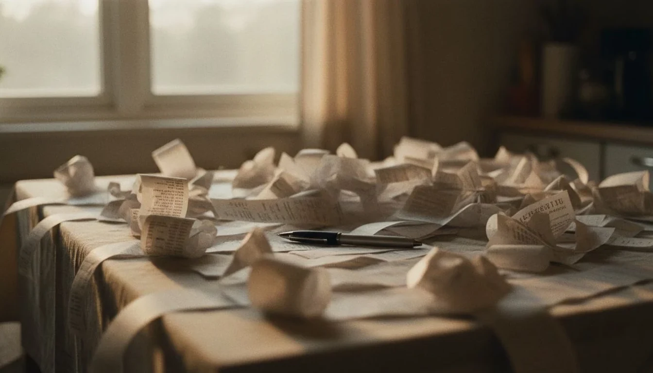 how to track spending: a kitchen table covered edge to edge in paper receipts with a pen resting on them - The Cozy Budget