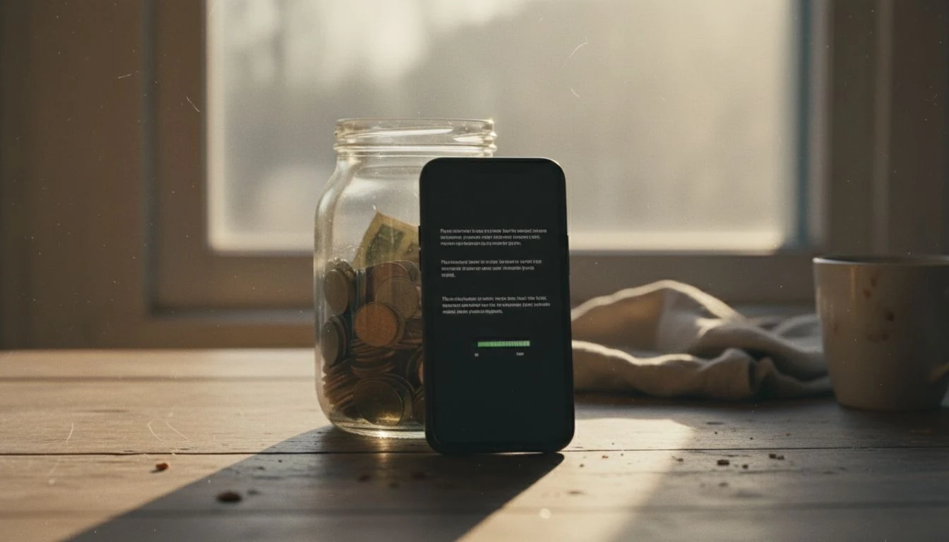 save money automatically: a phone showing a recurring transfer beside a coin jar on a kitchen table - The Cozy Budget