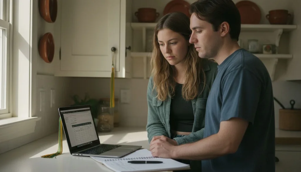 student loan repayment: a couple at a kitchen counter looking at a laptop showing a loan account balance and payment schedule - The Cozy Budget