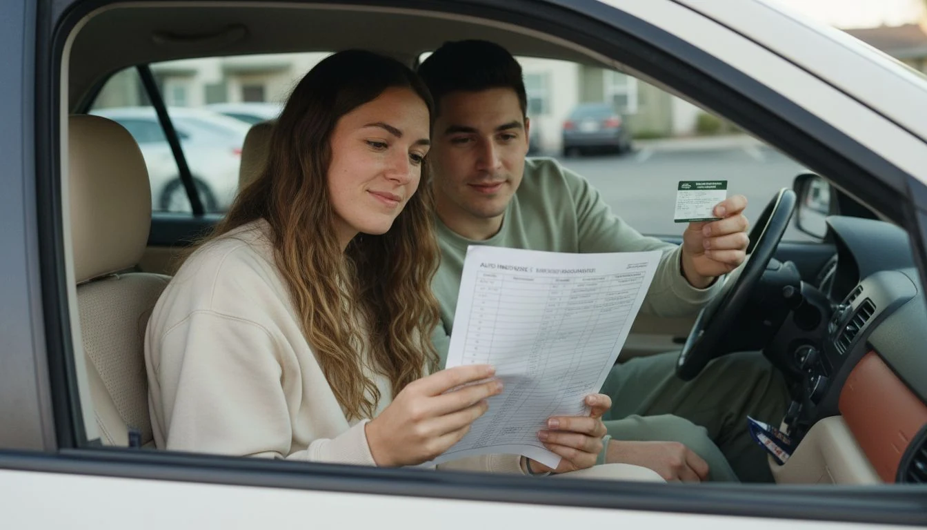 average car insurance cost per month: a young couple in their parked car going over the auto insurance declarations page from the open glove box - The Cozy Budget