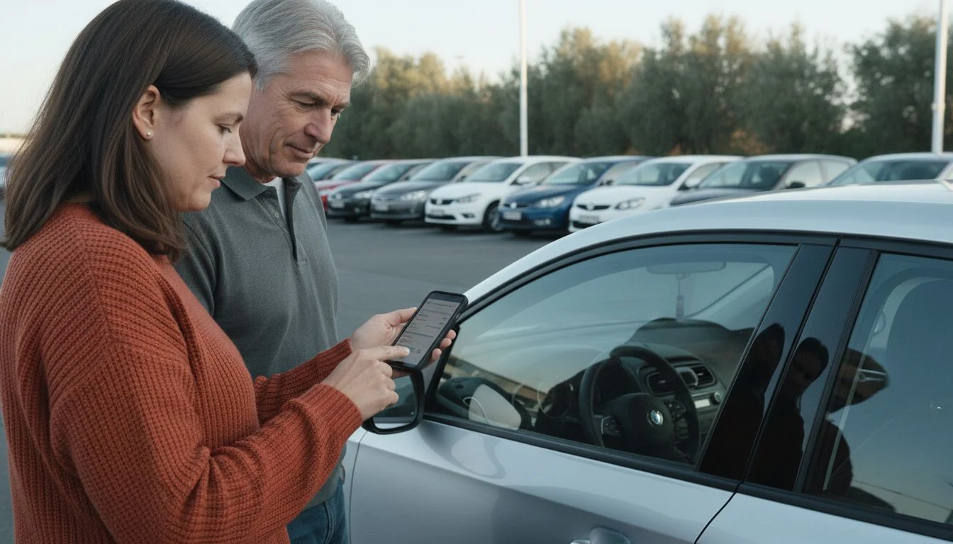average car payment: a woman and her father at a used car lot checking a loan payment calculator on her phone beside a silver hatchback - The Cozy Budget