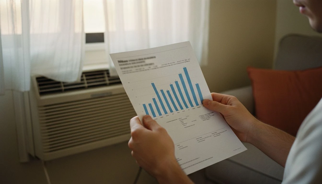 average electric bill: hands holding an electric bill with a 12-month usage bar chart beside a window air conditioner - The Cozy Budget