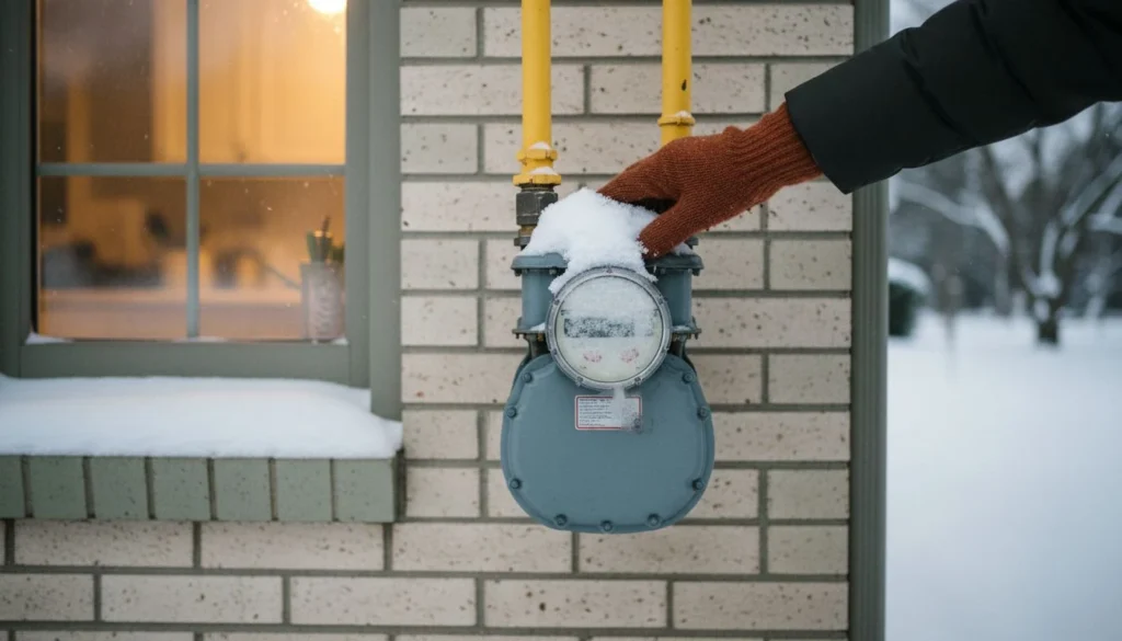 average gas bill: a mittened hand brushing snow off a residential natural gas meter beside a warm-lit kitchen window in winter - The Cozy Budget